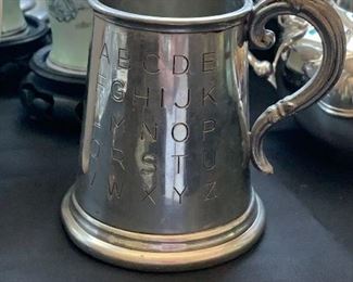 Pewter childs cup - alphabet on one side and numbers on the other