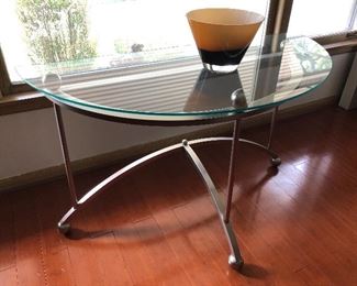 Glass half round side table with metal legs