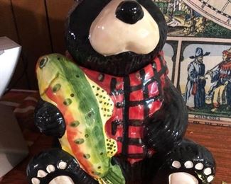 Bear with fish cookie jar