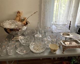 Cut glass, silver-plate punch bowl set