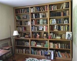 Custom bookshelf, 9 ft wide. Floor lamps. Books. Rugs.