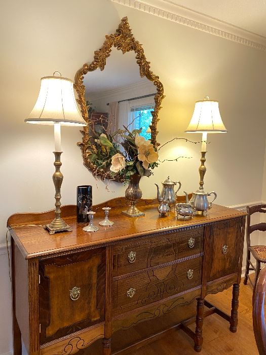 Gorgeous sideboard with inlays, lamps, mirror & accessories 