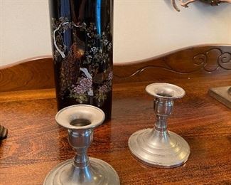 Pewter candle sticks & chinoiserie vase 