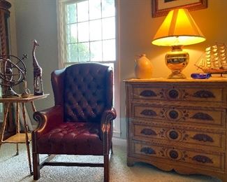 Victorian chest, tufted leather chair, side table & accessories 