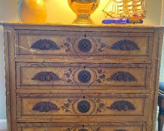 Victorian 4 Drawer Chest, hand painted details & carved handles