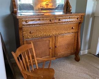 Tiger oak sideboard, child's rocker 