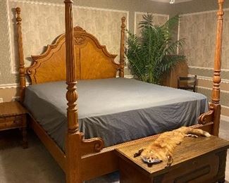 King size oak bed with mattress & box spring, cedar chest & full fox pelt 