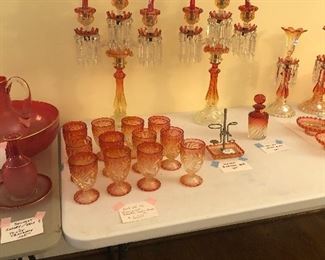 Baccarat Pair of 3 Light Candelabras Set of Rose Tiente Swirl Water Goblets