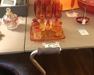 Baccarat Rose Tiente Diamond Swirl Dresser Set Cranberry Pitcher and Set of 6 Glasses