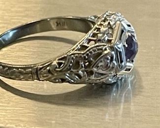 Antique 18K White Gold Filigree, Diamond And Amethyst Ring Size 6 Weights 2.9 Grams 