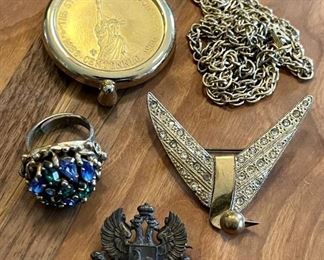 Collection Of Vintage Jewelry Including A Barclay Rhinestone Ring, Paste Stone Bird Pin, Double Head Eagle Pin