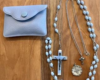 Vintage Blue Bead Italy Rosary With Case, Krementz Rhinestone Cross Necklace, Silver Tone Religious Medallion 
