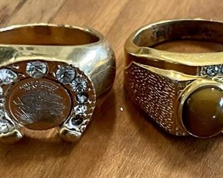 (2) Vintage 14K Gold Electro Plate Men's Rings With Rhinestones And One With A Tiger Eye Stone (As Is) 