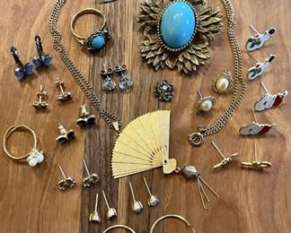 Vintage Jewelry Lot Including Butterfly, Holiday And Small Stone Post Earrings, Fan Necklace, Pin & Ring
