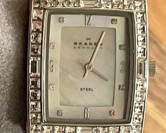 Skagan Denmark Mother Of Pearl Face Watch With Rhinestone Trim & Genuine Leather Band 
