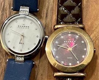 (2) Skagan Denmark Genuine Leather Band Watches (1) Blue Leather With Super Hardened Mineral Crystal (1) Red