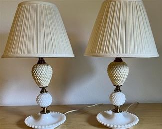 (2) Mid Century Hobnail Milk Glass & Celluloid Night Light Lamps With Shades 