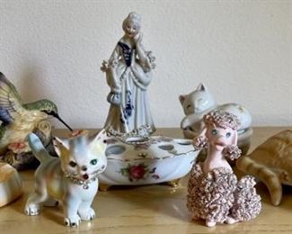 Mid-Century Lot Of Ceramic Animals, Clown Ash Tray, And Victorian Figurine