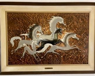 Mid-Century Modern Genuine Tooled Copper "Ghost Herd" Framed Raised Copper Horses