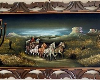 Mid Century Modern Oil Painting On  Velvet Stage Coach And Horses Painting With Ornate Wood Frame