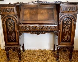 Antique Drop Front Writing Desk With Ornate Wood Chair 