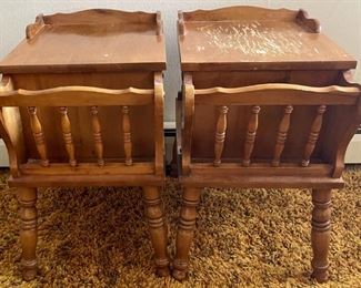 Two Mid Century Modern Maple Side Tables With Front Magazine Racks And Shelves (As Is) 