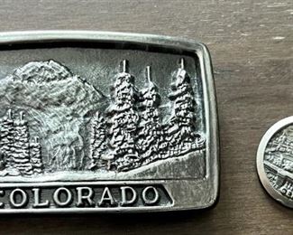 Vintage Colorado Belt Buckle Mountain Clearing Chad MFG Corp Aurora, CO & Geneve Silver Tone Key Chain