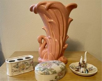 MCM McCoy Pink Pottery Swan Vase With Floral Ceramic Dresser Set, And Earrings 
