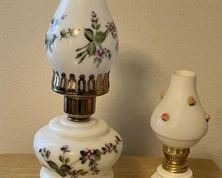 (2) Milk Glass Lamps (1) Electric Hand Painted Purple Flowers Fenton Style, And (1) Enesco Oil Lamp