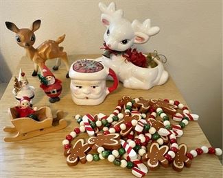 Vintage Christmas Lot Including Celluloid Deer, Gingerbread Garland, Santa Face Pin Cushion, And More