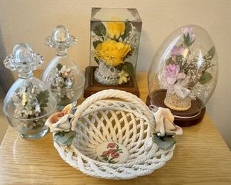 Vintage Paisano, Italy Lattice Ceramic Bowl And (4) Glass Shadow Boxes With Faux Flowers