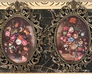 (2) Victorian Style Ornate Metal Framed Floral Wall Plaques
