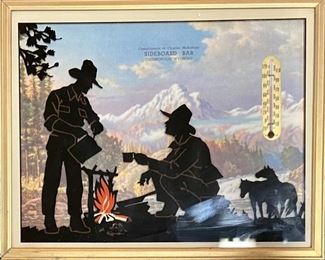 Sideboard Thermopolis, Wyoming Framed Vintage Advertising Thermometer Cowboys And Landscape Scene
