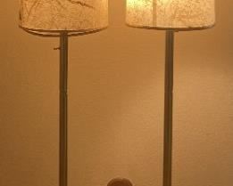 (2) Mid-Century Modern Fiberglass Butterfly Cylinder Shade Gold Tone Base Standing Lamps