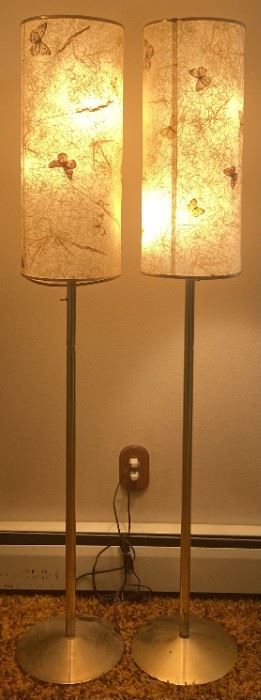 (2) Mid-Century Modern Fiberglass Butterfly Cylinder Shade Gold Tone Base Standing Lamps