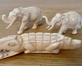 (3) Pre 1950 Carved Ivory Animals, (2) Elephants And An Alligator (As Is)