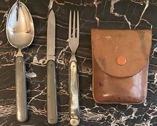 (3) Vintage Inoxid Camping Folding Knife, Fork, And Spoon With Leather Case