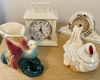 Assorted Lot Of Mid-Century Modern Ceramic Pottery Including 2 Flower Painted Clocks