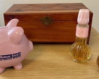 Vintage Pine Dresser Box, Humane Society Pink Piggy Bank, And (2) Vintage Avon Perfume Bottles
