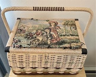 Faux Wicker Multi-Color Sewing Basket With Tapestry Top And Sew Accessories Including Buttons