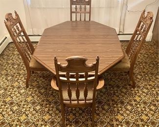 Vintage Hexagon Dining Room Table Including (4) Spindle Back Chairs With Material Upholstered Seats & 1 Leaf