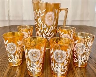 MCM Orange Glass Pitcher With (6) Drinking Glasses - White Enamel Flowers