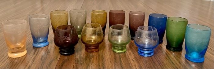 Assorted Etched Colored Art Glass Miniature Shot And Drink Glasses