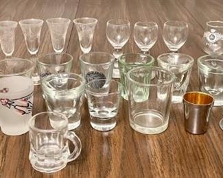 Bar Lot Including Color Craft, Assorted Shot Glasses, Pour Glasses, And Etched Drink Glasses