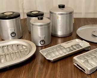 Vintage Assorted Aluminum Ware Including Canisters, Ice Trays, And Serving Dishes - Heller, Metalcraft & More