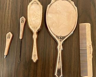 Vintage Pink And Black Celluloid Dresser Set: Hand Mirror, Brush, Comb, And More