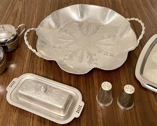 Vintage Etched Aluminum Lot Salt And Pepper, Cream And Sugar, Tray, And Butter