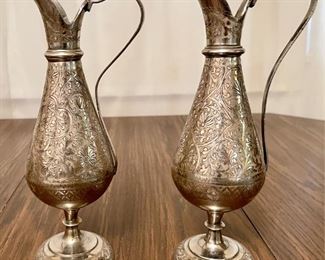 (2) Solid Brass Hand-Crafted Etched Ewer Pitchers