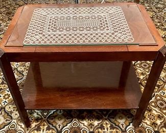 Art Deco Glass Insert Wood Accent Table