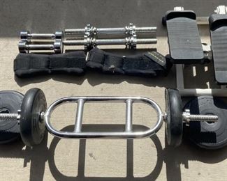 Small Lot Of Assorted Workout Equipment Including Tricep Bar, Sand Weights, Stepper, And More